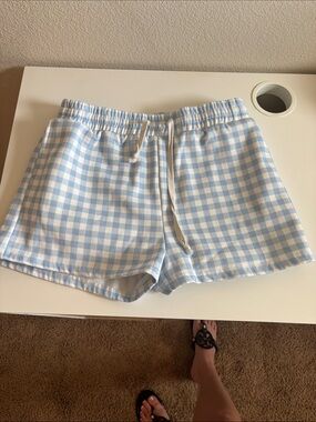 Light Blue Gingham Drawstring Athletic Shorts for Women